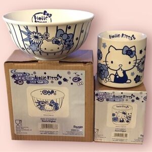 Sanrio Hello Kitty Bowl & Cup Set (Blue Flower) ~~ 2018